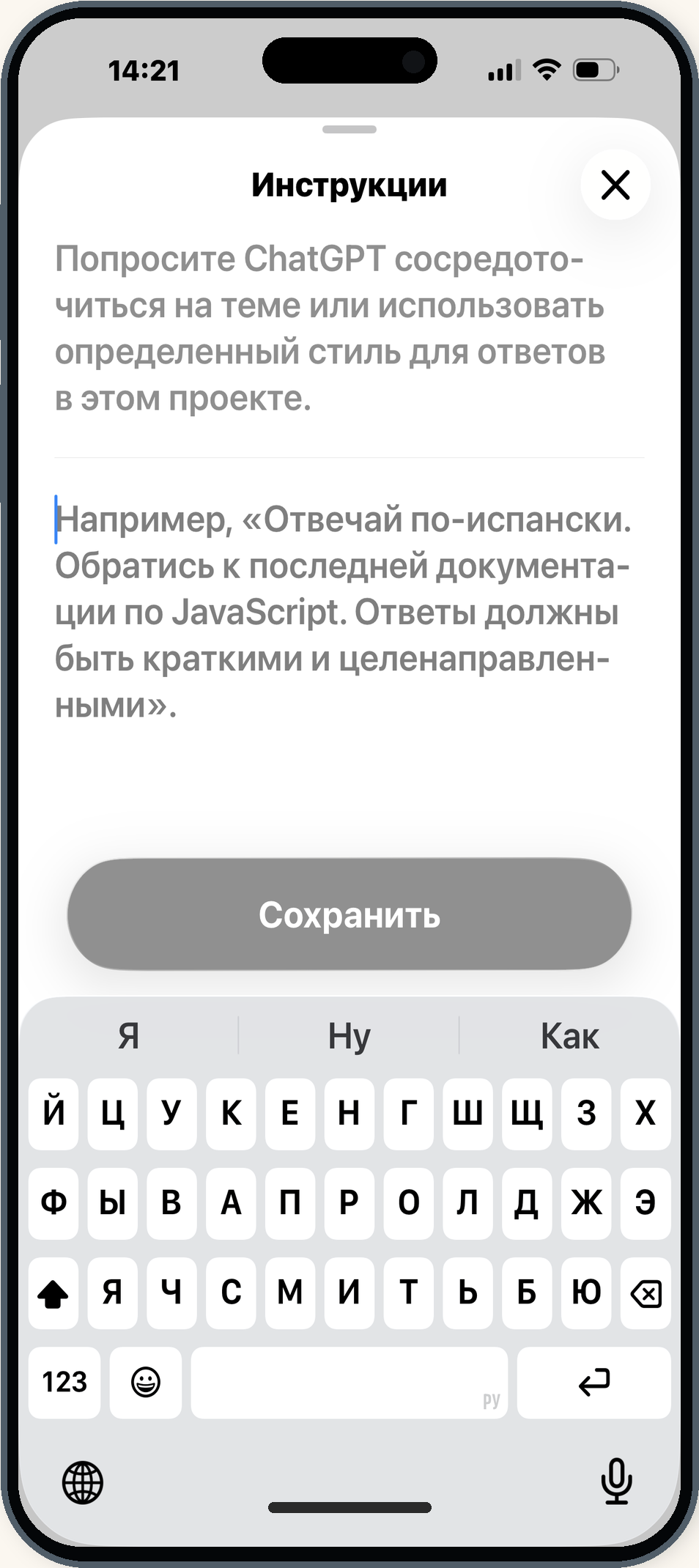 Поле инструкций проекта